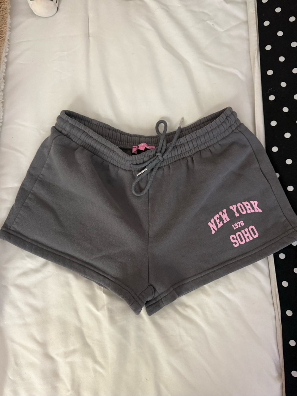 Edikted Gray Athletic Lounge Shorts with Pink Soho Graphic